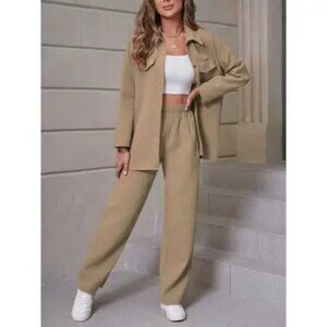 Waffle Knit Collar Cardigan & Pants Set 2 piece set